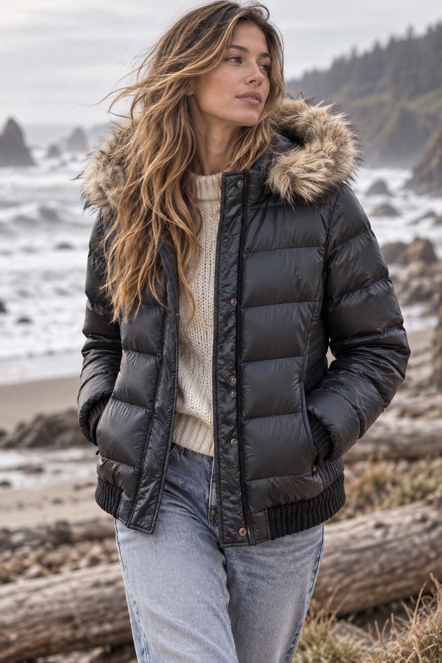 American Eagle XL Black Down Puffer Jacket Faux Fur Hood Winter Coat XLarge